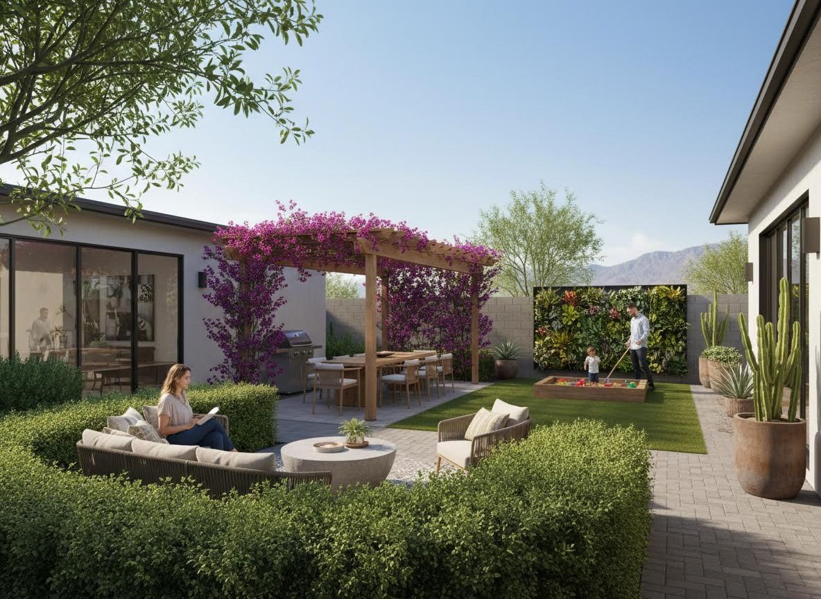 Modern Backyard Oasis with Pergola, Vertical Garden, and Family Activities