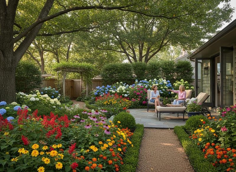 Vibrant Backyard Garden with Patio and Conversing Women