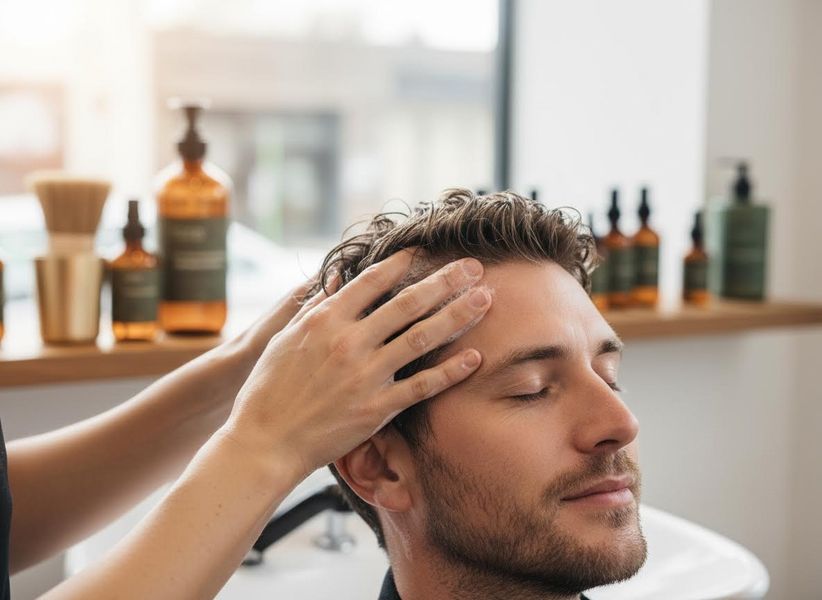 A man with closed eyes relaxes as a stylist massages shampoo into his hair at a salon. Hair care products are visible in the background. Man Getting Hair Washed at Salon