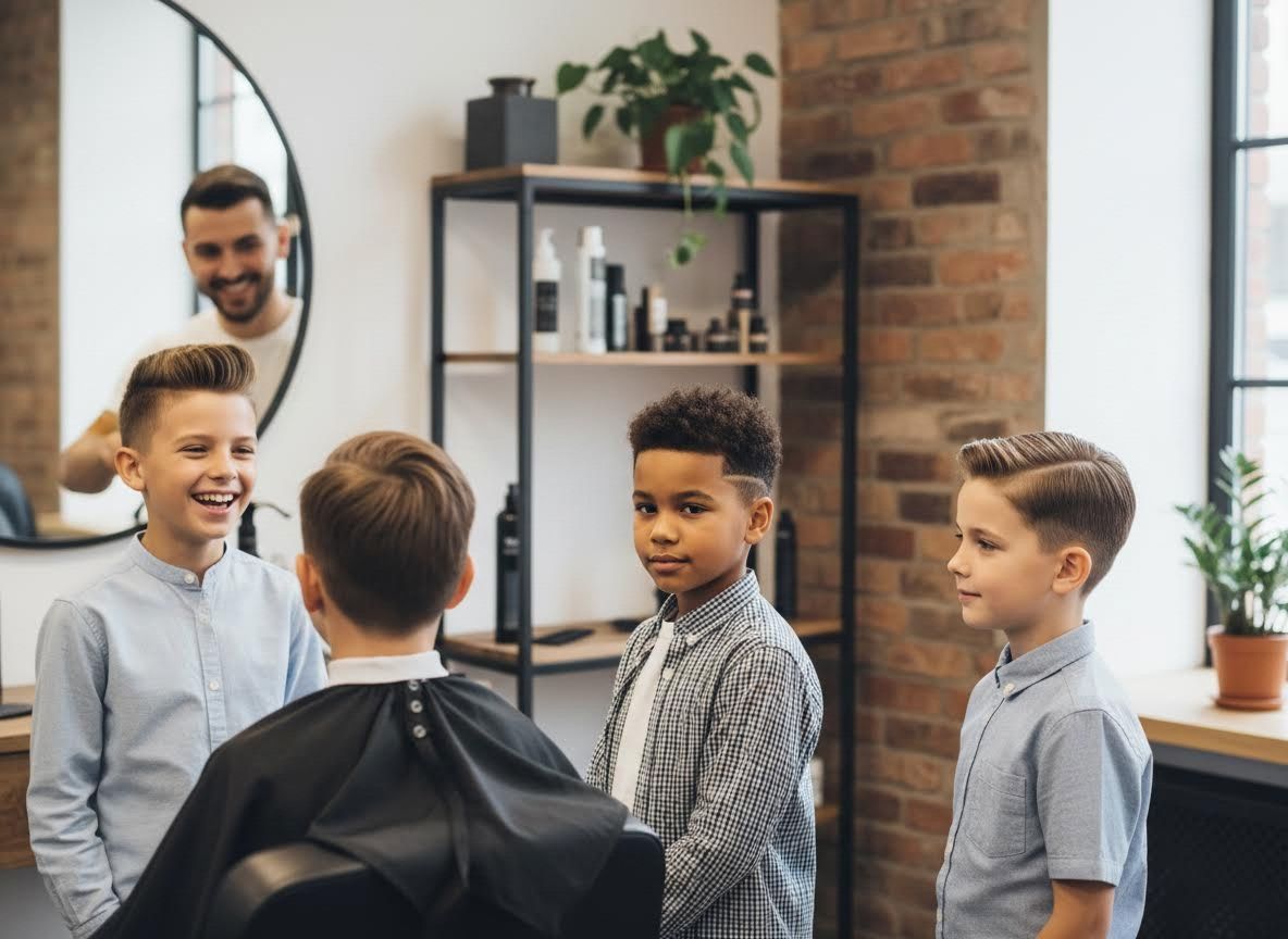 Boys and Barber in a Modern Barbershop