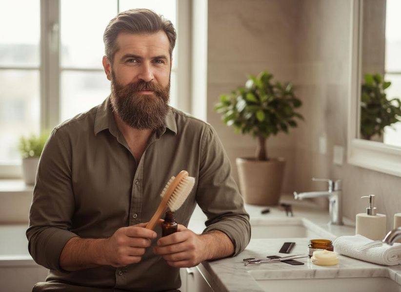 A man with a full, dark beard in a green shirt holds a beard brush and oil in a bright bathroom, with various grooming products on the counter. Bearded Man Holding Grooming Tools in Bathroom