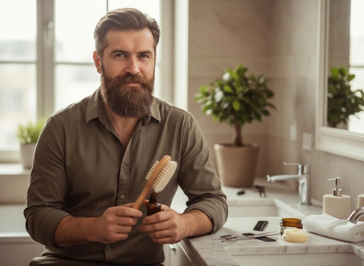 Bearded Man Holding Grooming Tools in Bathroom