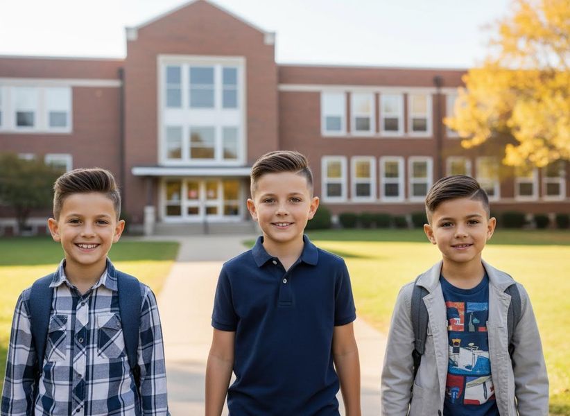 Three happy elementary school boys, two with backpacks, stand smiling in front of a brick school building on a sunny day. Three Smiling Boys at School