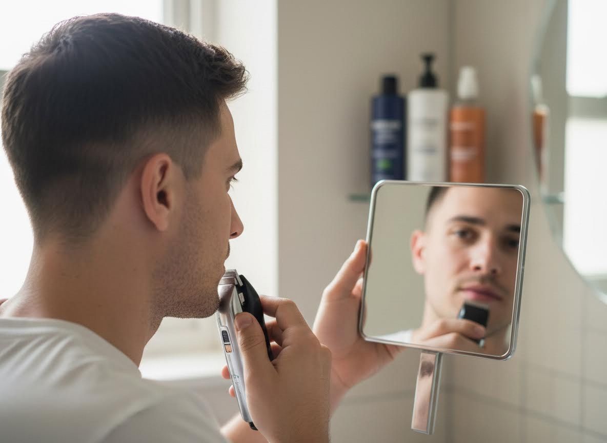 Young man trimming beard with electric shaver and handheld mirror