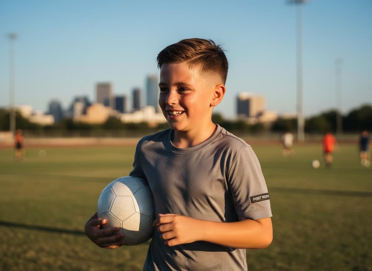 Smiling boy with soccer ball at a Fort Worth soccer field