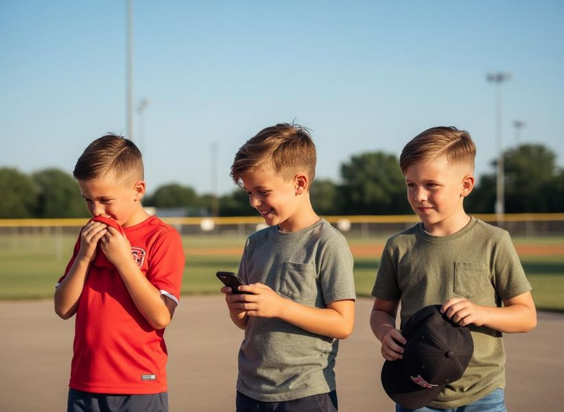 Three young boys, one on a phone, one holding a cap, and another covering his mouth, stand near a baseball field. Three boys on a baseball field during the day