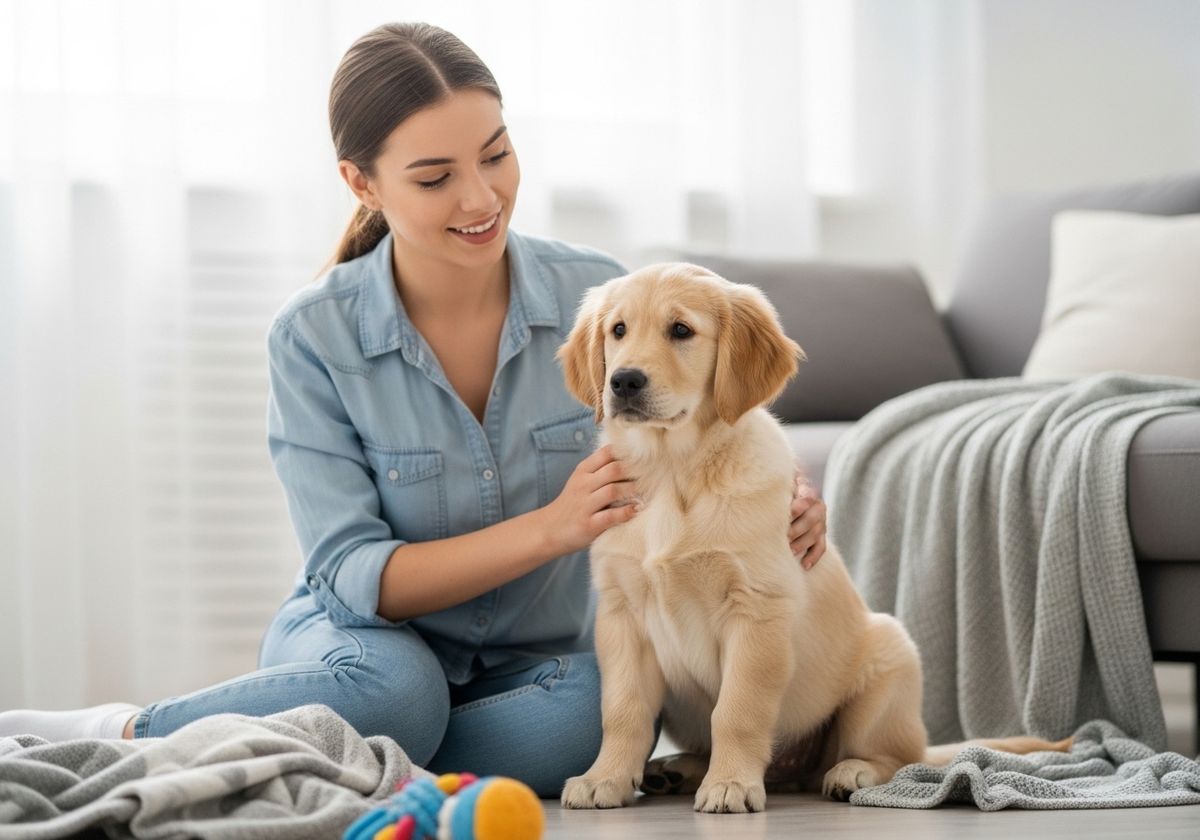 Woman lovingly pets her Golden Retriever puppy