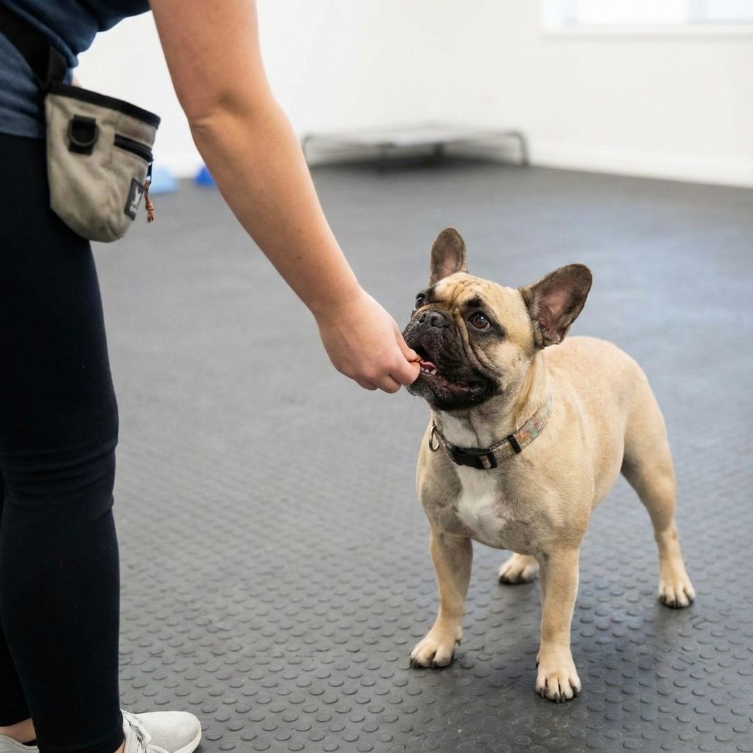 small dog getting a treat at training 