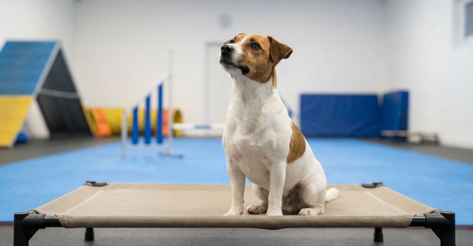 small dog sitting in training room small dog sitting in training room