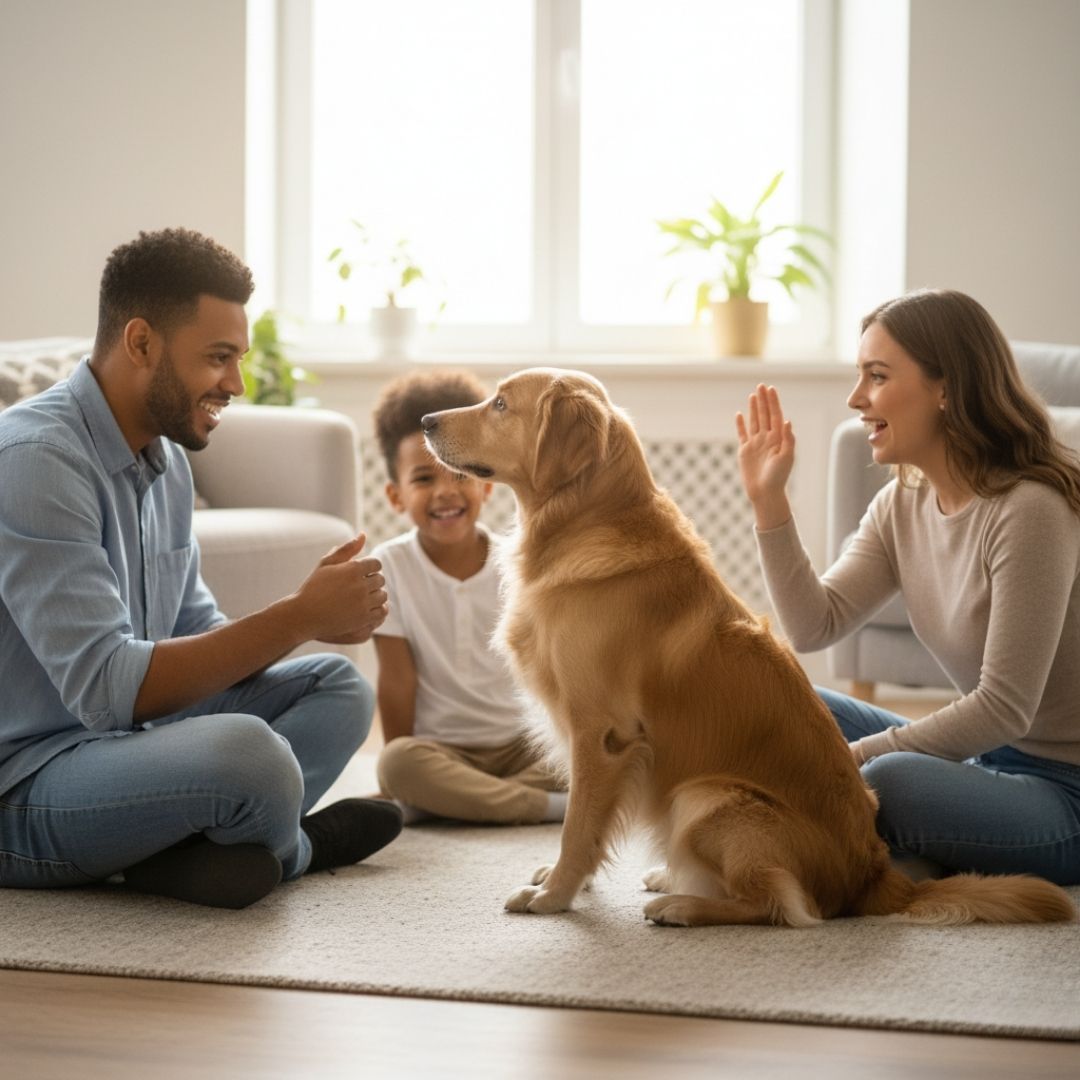 family working with dog in living room family working with dog in living room