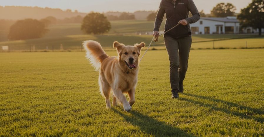 running with golden retriever on lease