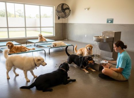 A woman offers ice cubes to playful dogs by a water fountain in a spacious doggy daycare, while other dogs relax on beds. Dogs and caretaker enjoying a cool break at a pet facility
