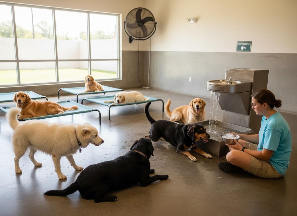 Dogs and caretaker enjoying a cool break at a pet facility