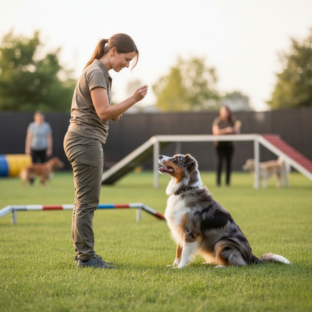 aussie focusing on trainer while other dogs are around
