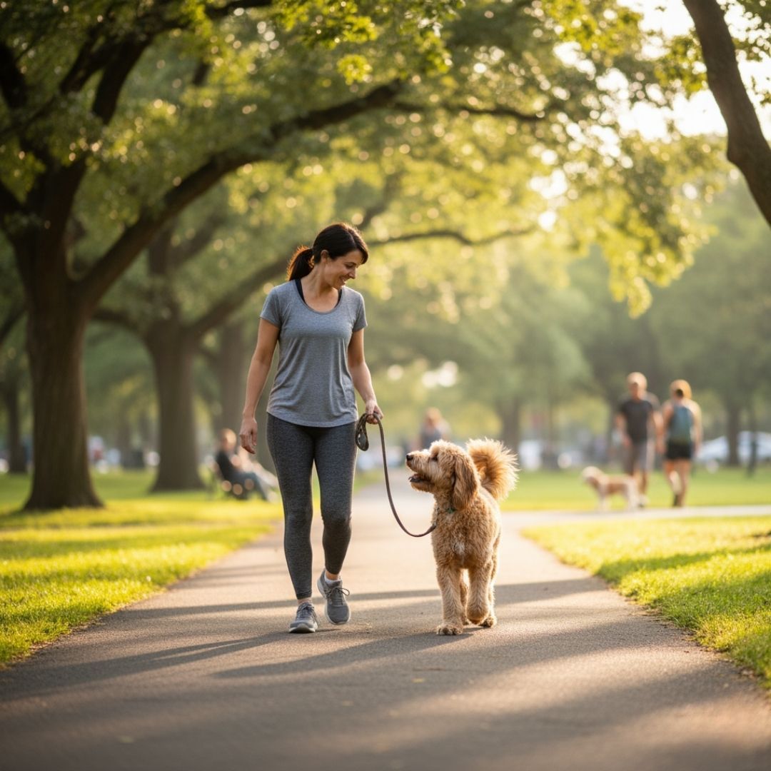 woman walking dog calmly at a park woman walking dog calmly at a park