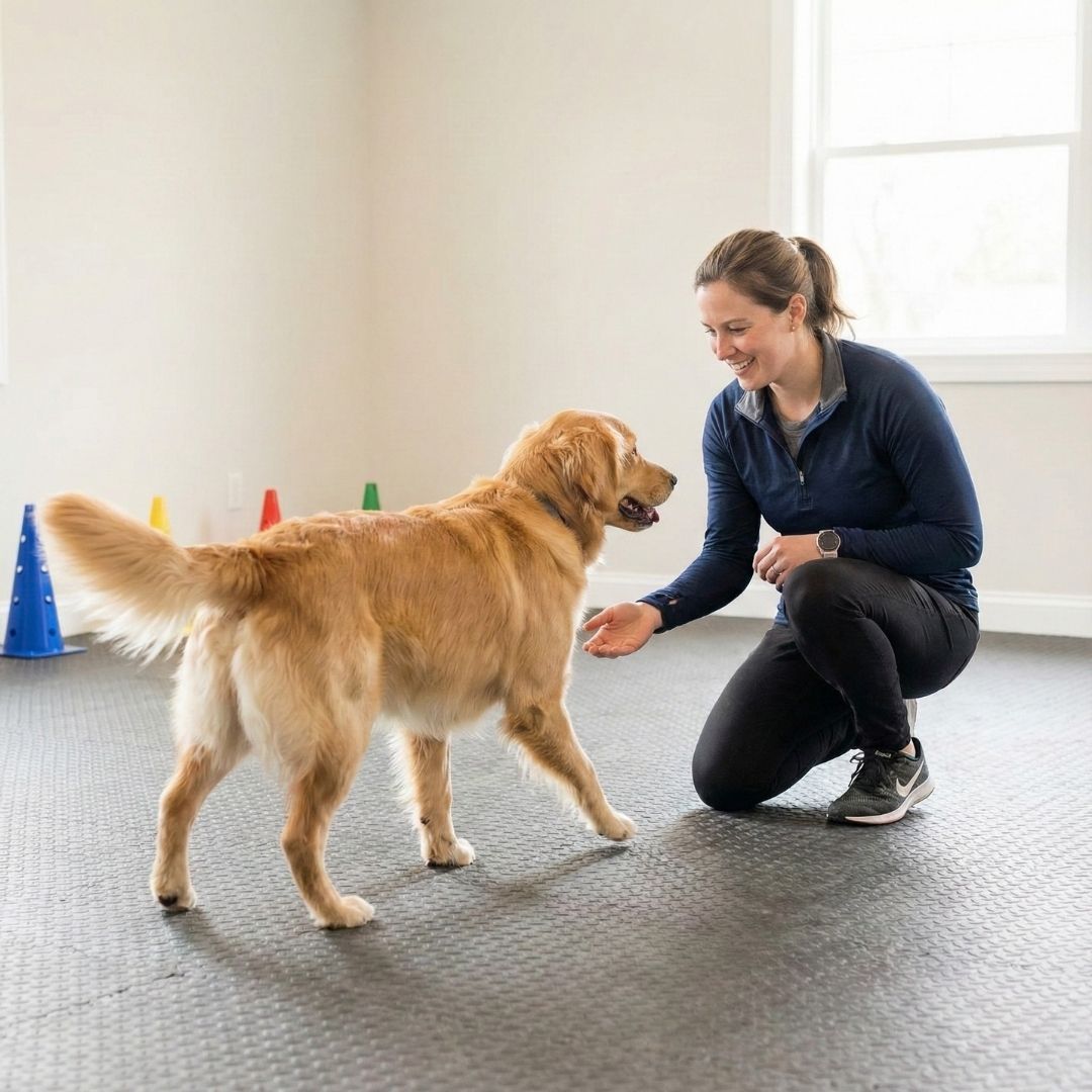 dog going through behavior testing with worker 