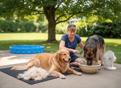 A woman brushes her Golden Retriever, lying on a mat with shed fur, while a German Shepherd drinks water from a bowl. A fan and dog pool are nearby. Woman grooming two dogs in backyard