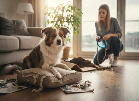 An innocent-looking brown and white dog sits on a torn cushion next to shredded paper, as its owner kneels by a large pile of spilled soil. Guilty Dog Beside Spilled Plant Pot