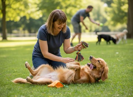 A woman kneels, playing with a happy golden retriever on its back, holding a colorful rope toy in a sunny park. Other people and dogs are blurred in the background. Woman Playing with Golden Retriever in Park