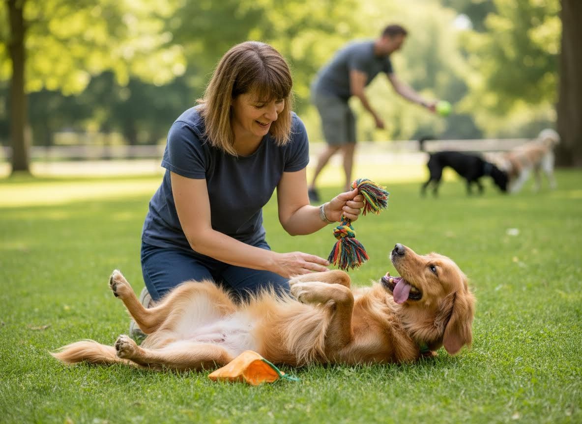 Woman Playing with Golden Retriever in Park