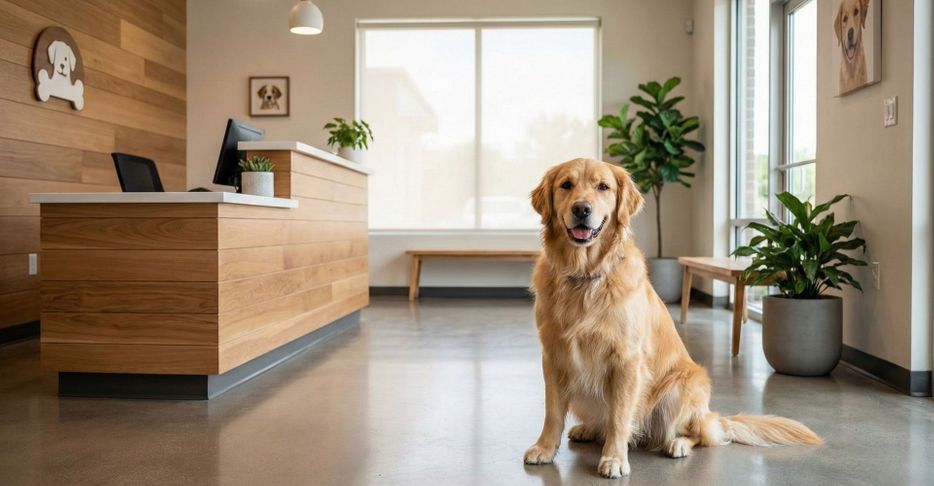 dog sitting in waiting room