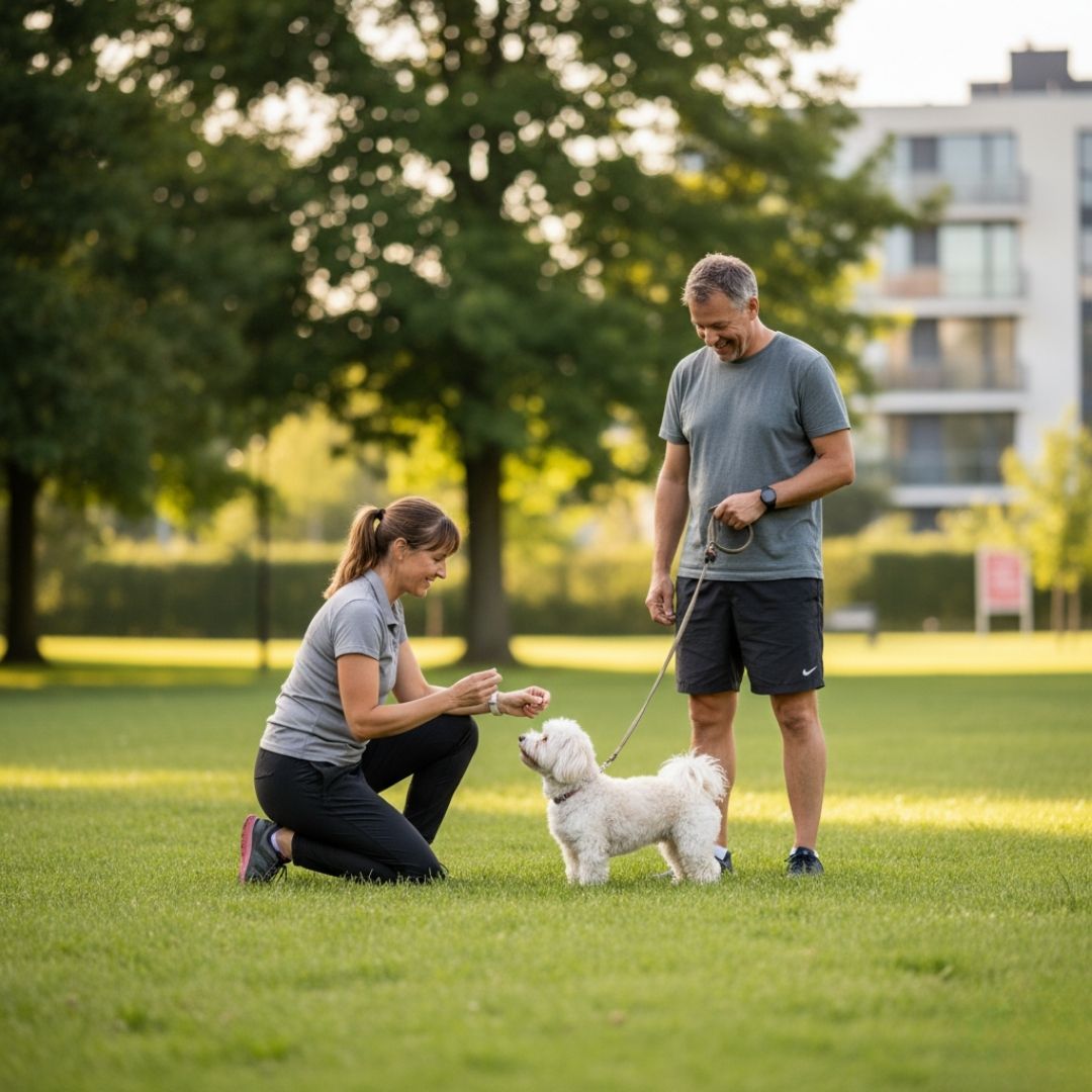 owner working with dog trainer owner working with dog trainer