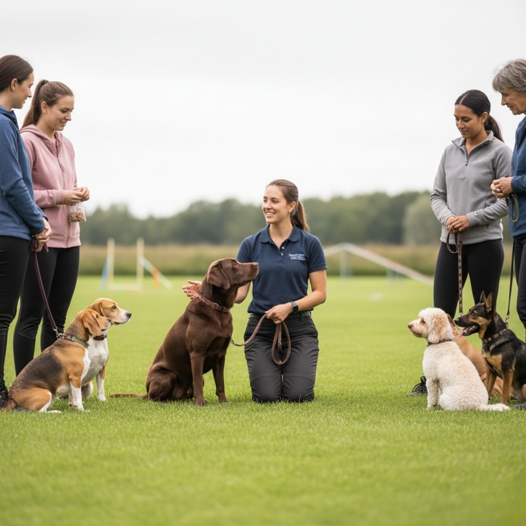dog trainer demonstrating during group class 