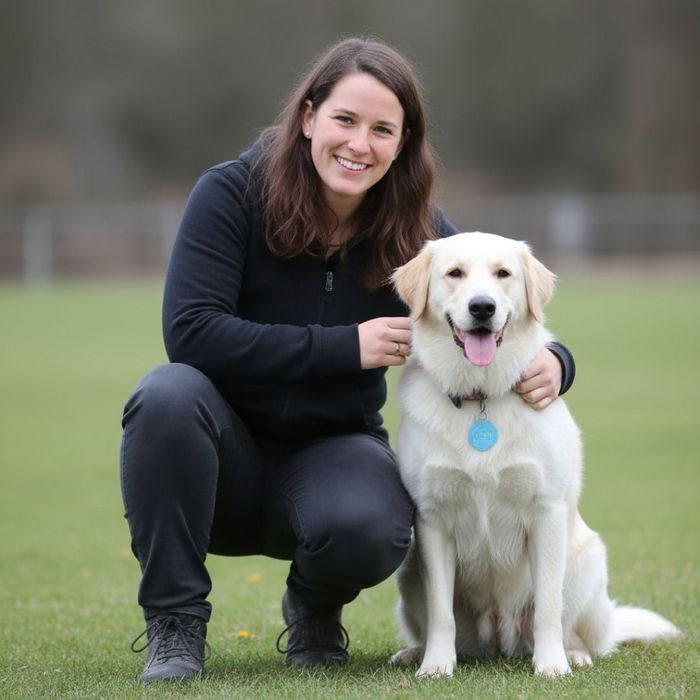 dog trainer smiling with dog dog trainer smiling with dog