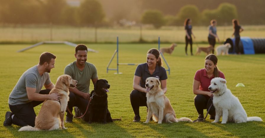 owners petting dogs before group training class