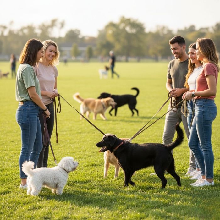 group of people talking about their dogs 