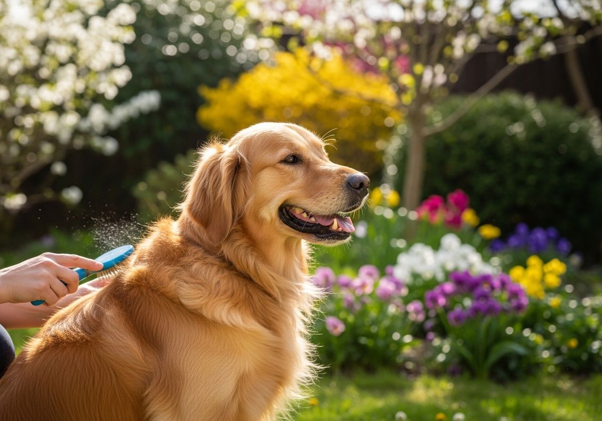 Golden Retriever Grooming in a Garden