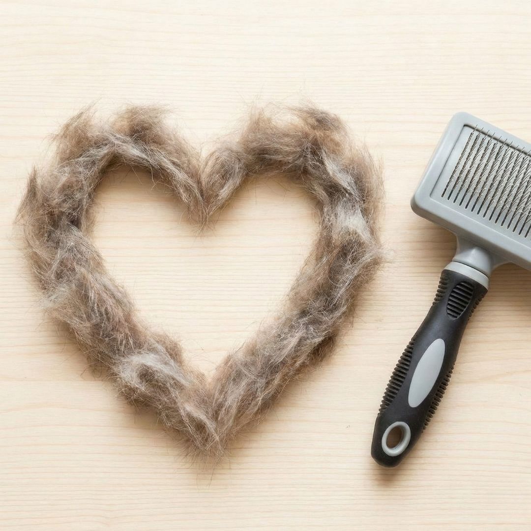 pile of hair in the shape of a heart next to a brush