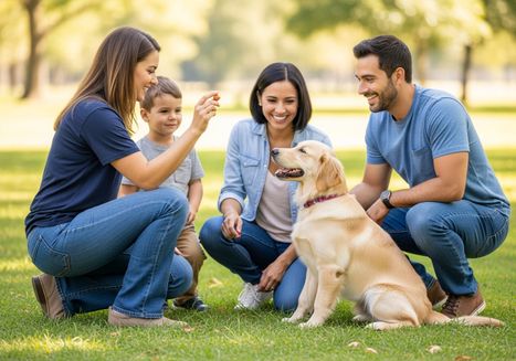A smiling family of four, including a young boy, crouches on the grass in a park, interacting with their attentive Golden Retriever. A woman holds a treat, capturing the dog's focus as the others look on with joy. Happy family with Golden Retriever in the park