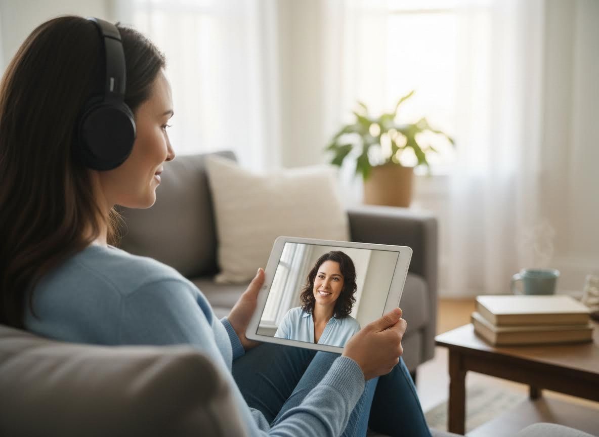 Woman with headphones on a video call using a tablet