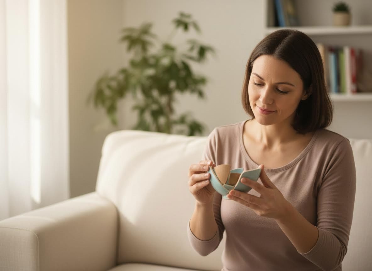 Woman admiring a decorative lotus bowl on a couch