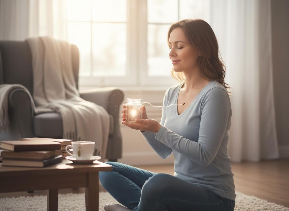 Serene Woman Meditating with Glowing Jar
