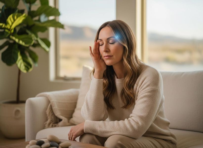 Woman Meditating with Glowing Light on Forehead
