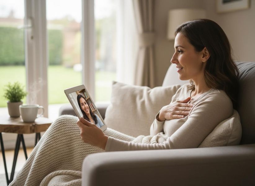 A smiling woman sits on a sofa under a blanket, video calling a friend on a tablet. She holds her hand to her chest, happy and relaxed. Woman on video call, relaxing on sofa