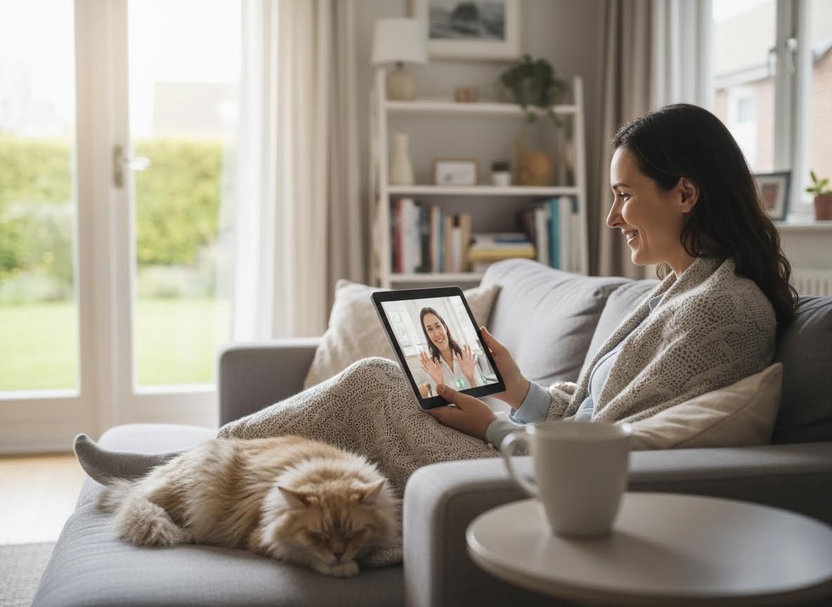 Woman on couch video calling with a cat