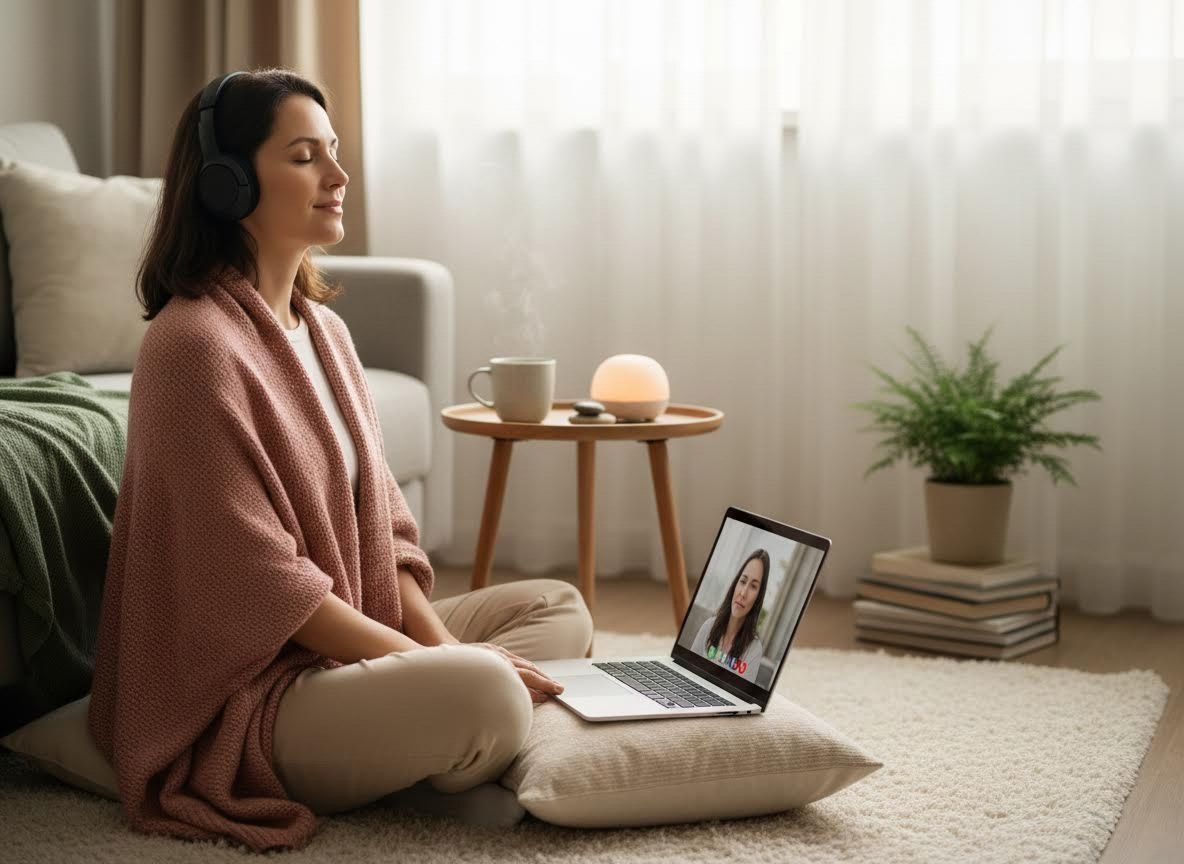 Woman in headphones meditating or on a virtual wellness call