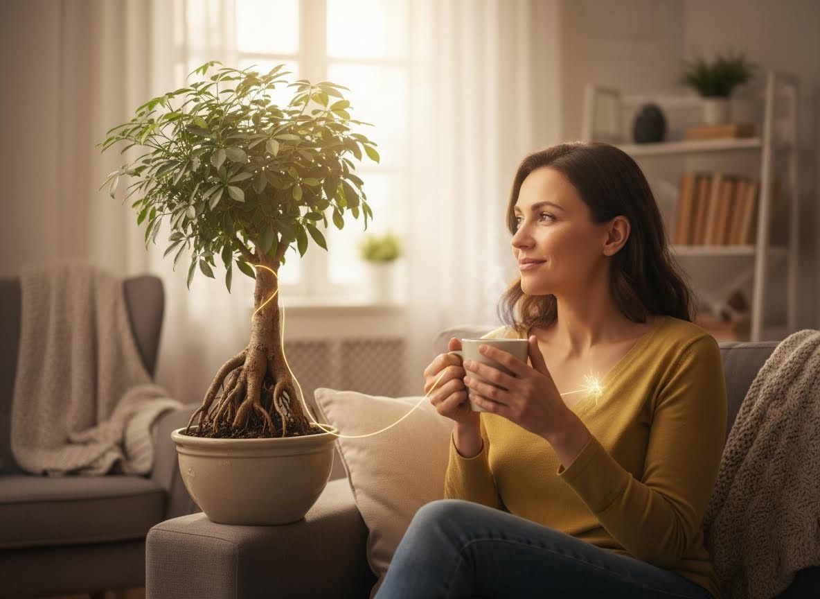 Woman connected to a glowing houseplant