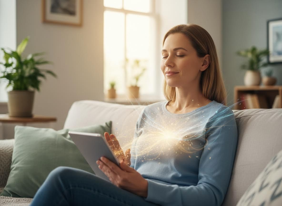 Woman Meditating with Tablet and Spiritual Glow