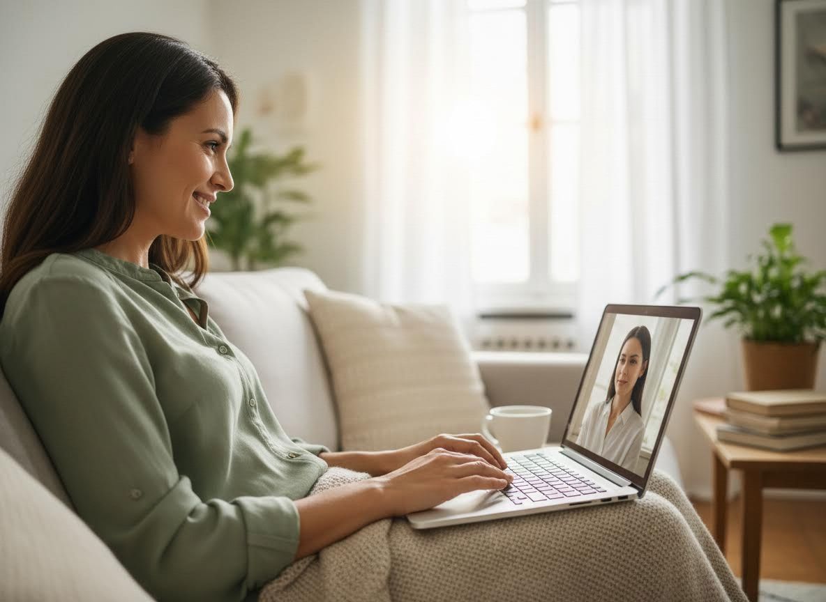 Woman video calling on laptop