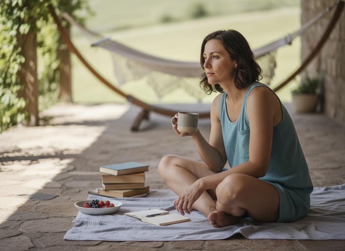 Woman Relaxing on Patio with Coffee and Books