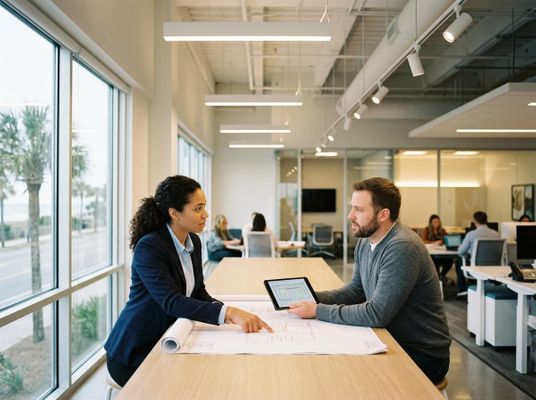 Two professionals reviewing blueprints and digital plans