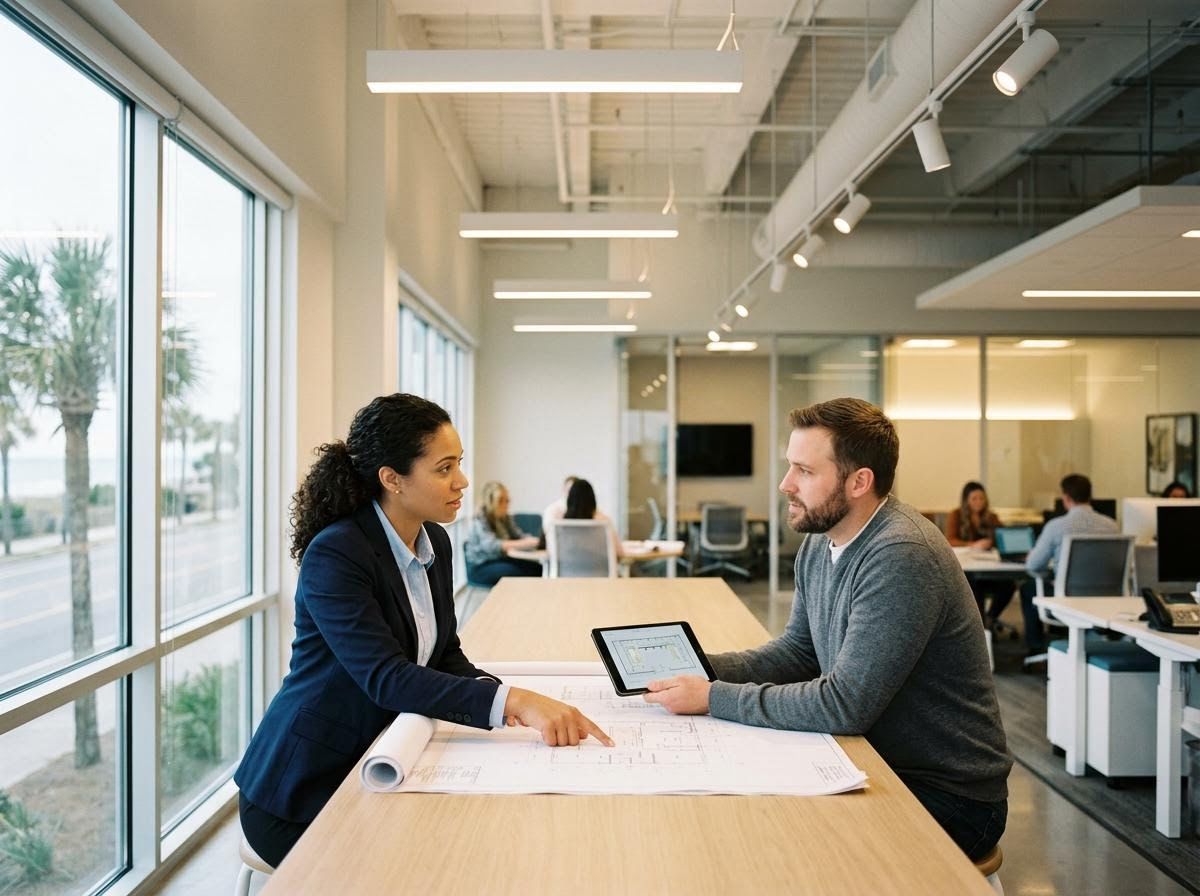 Two professionals reviewing blueprints and digital plans