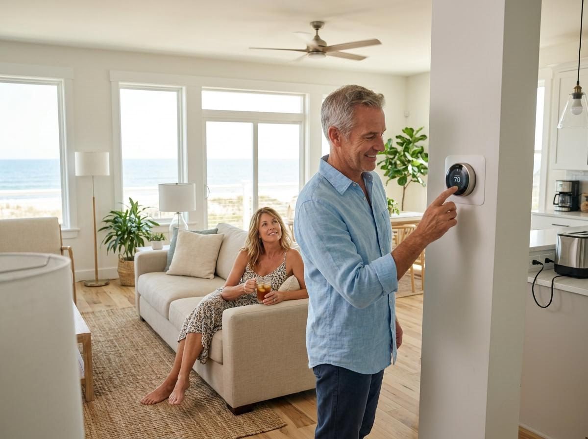 Man adjusting smart thermostat in a modern beach house