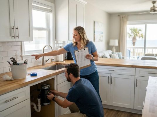 Couple doing kitchen home repairs