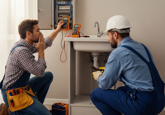 Electrician and Plumber Troubleshooting Together