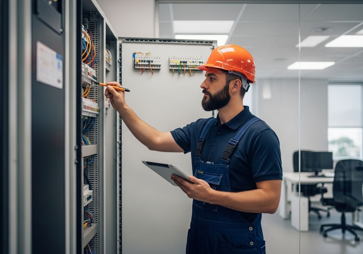 Electrician Inspecting Wiring in Electrical Panel